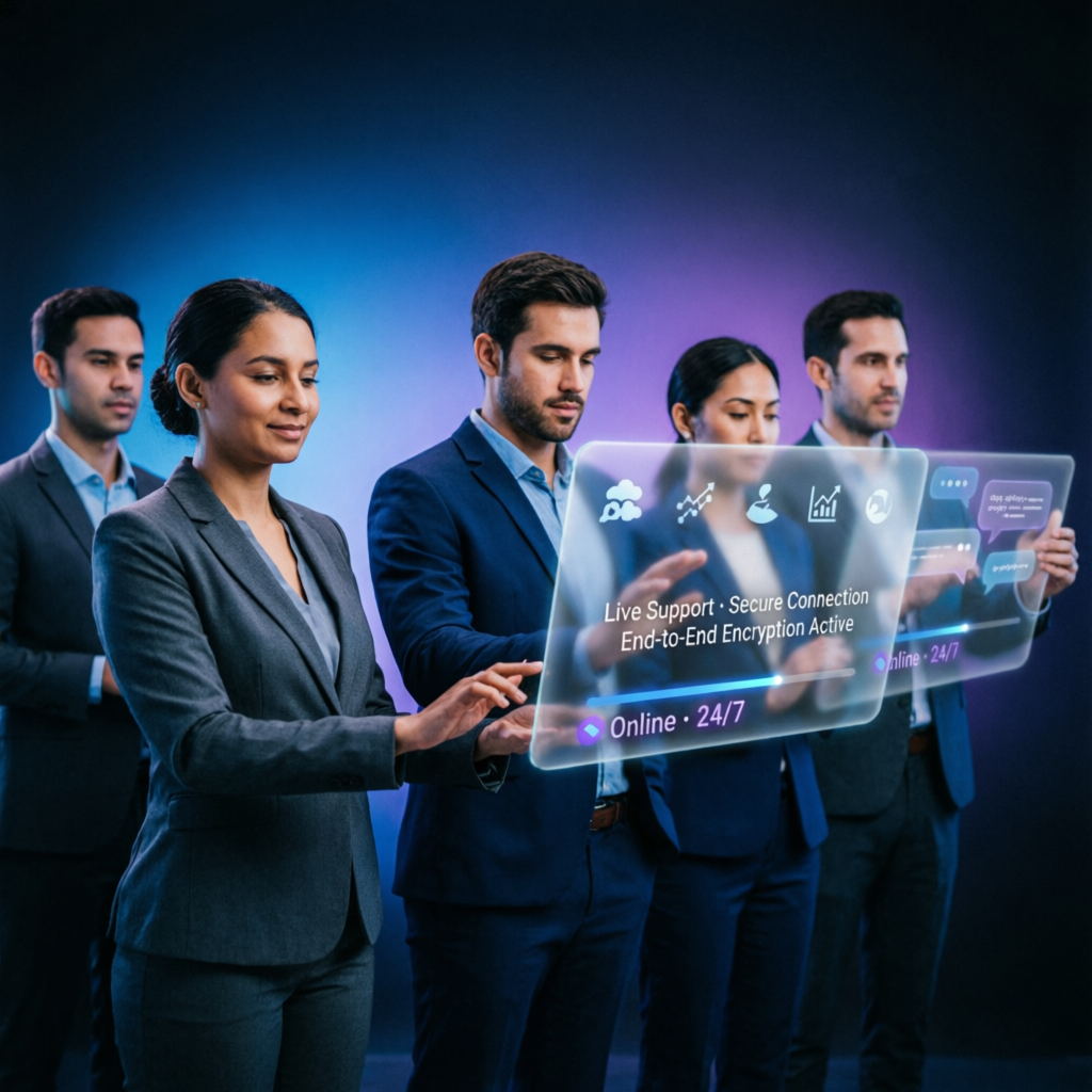Professional customer support team with holographic communication interface