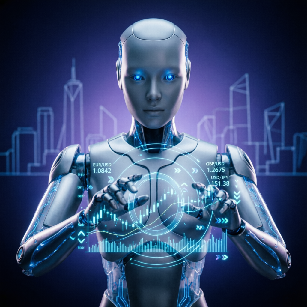 AI robot trader analyzing forex market data with holographic interface