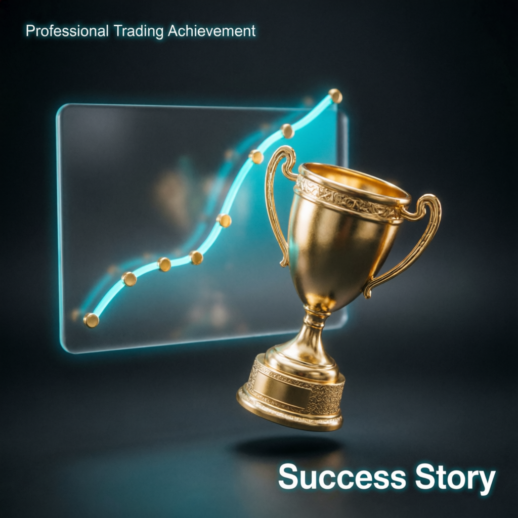 Professional trading achievement success story with trophy and profit chart