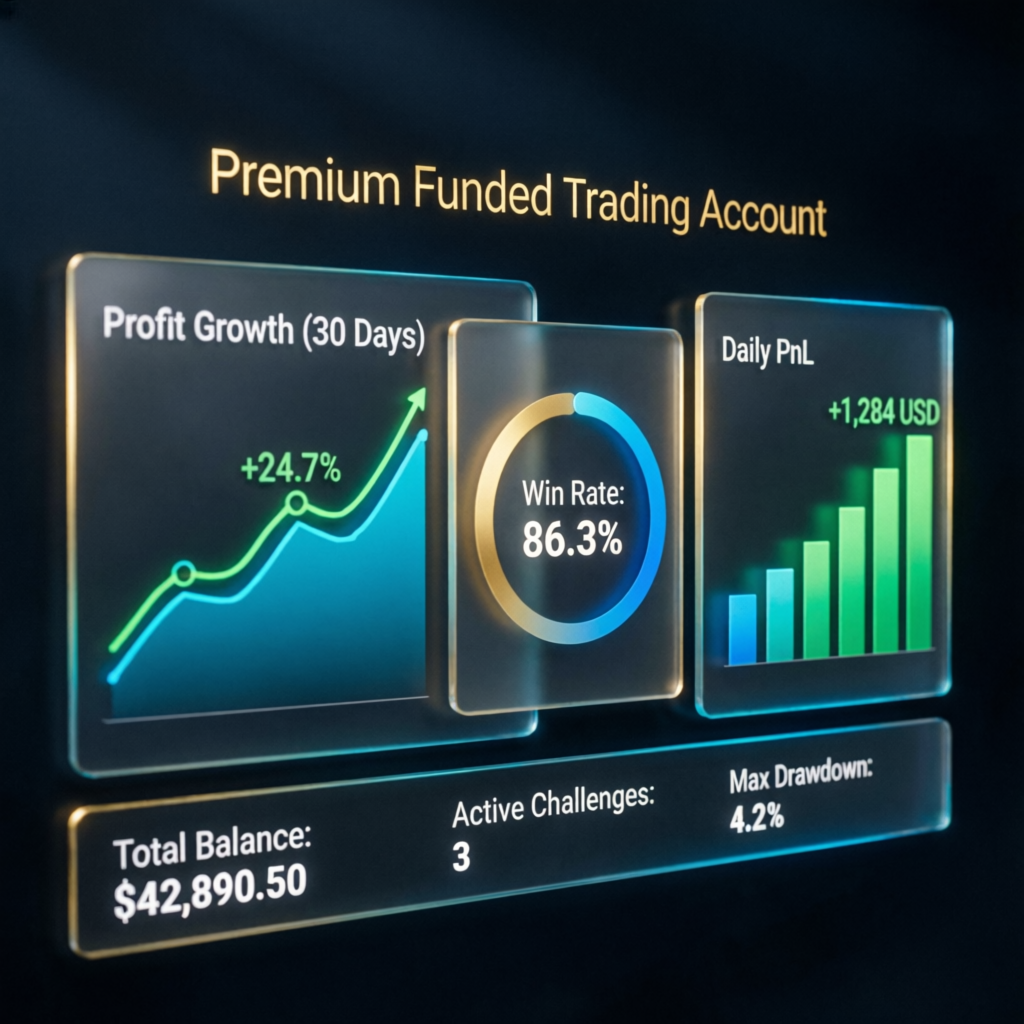 Premium funded trading account dashboard showing profit growth and win rate