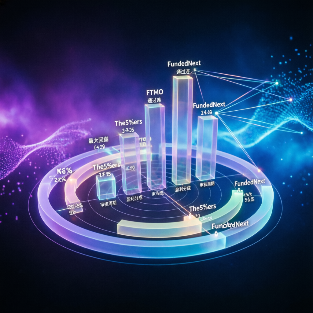 Holographic 3D comparison chart of prop trading firms with analytics