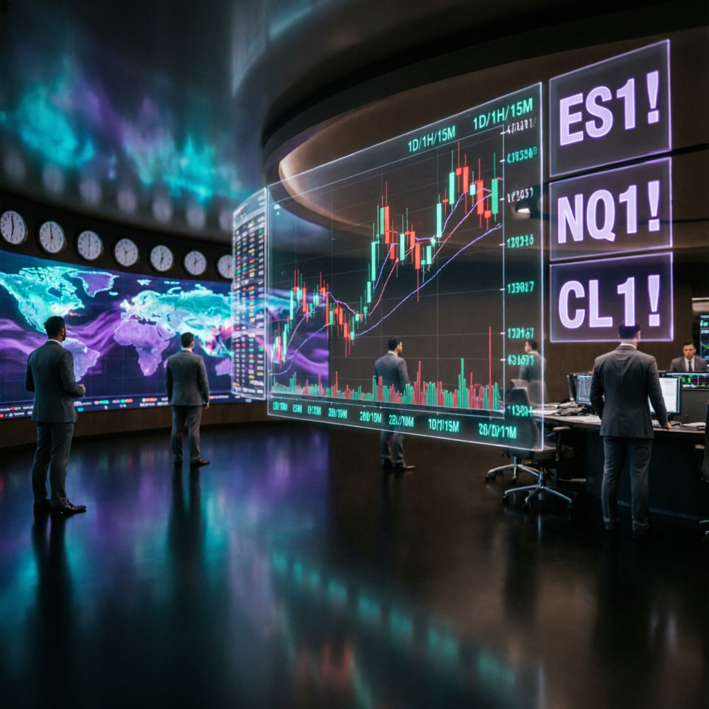 Professional futures trading floor with ES, NQ, CL charts on holographic displays