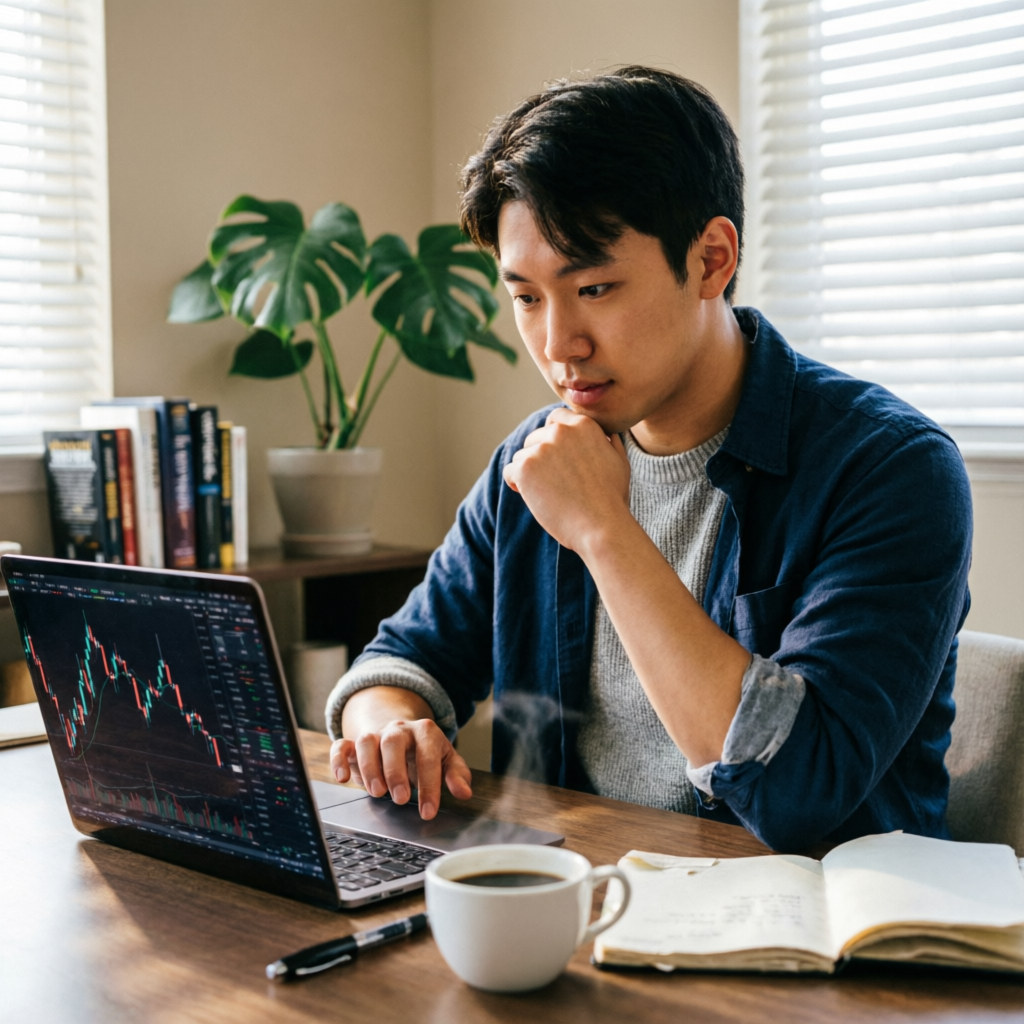 Beginner trader learning prop trading on laptop at home office