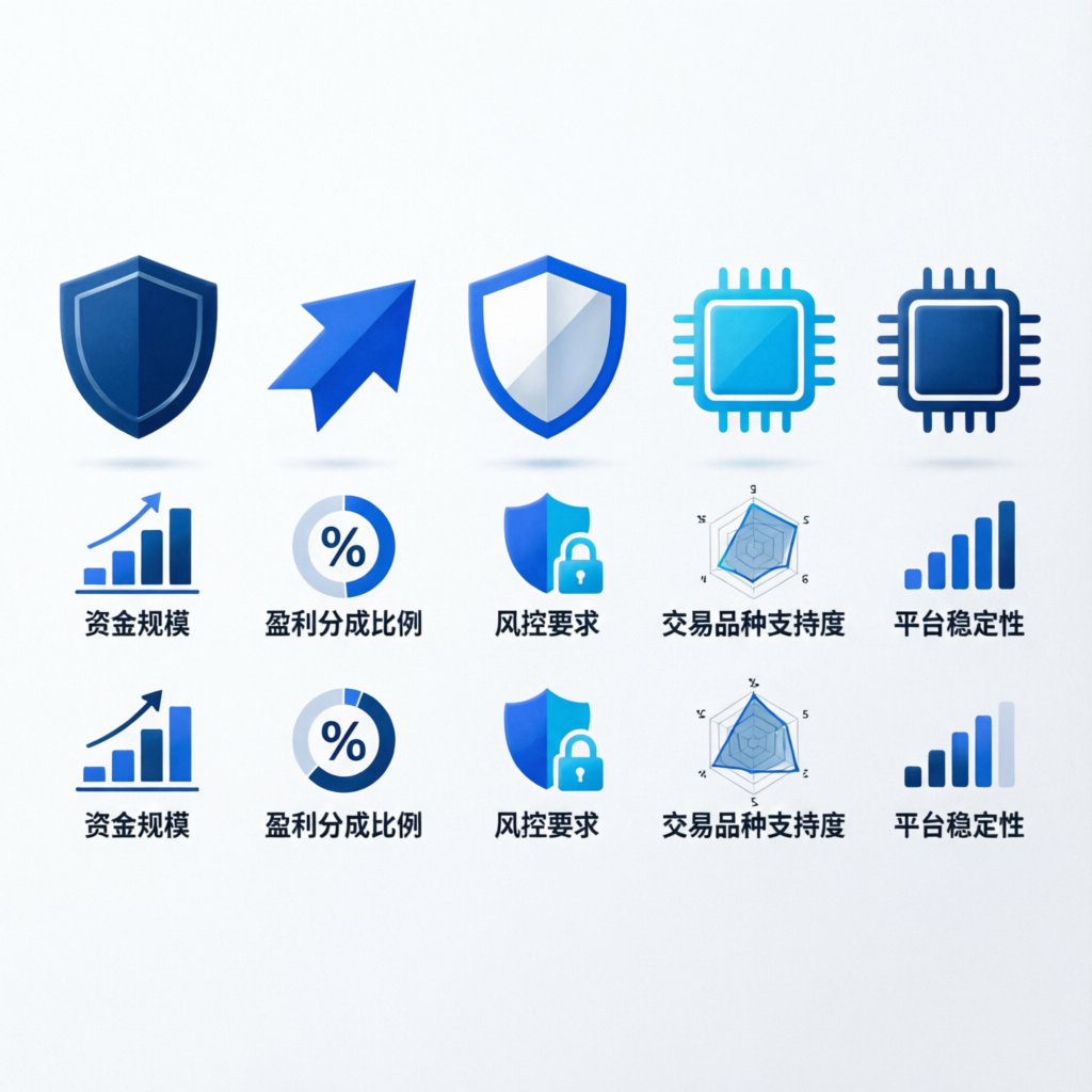 Prop firm comparison metrics showing shields, charts, and evaluation icons