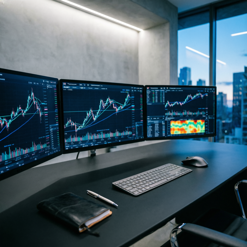 Professional futures trading desk setup with multiple monitors