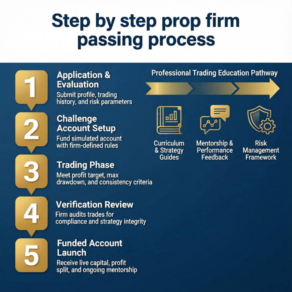 Step by step prop firm passing process infographic with 5 numbered phases from application to funded account launch