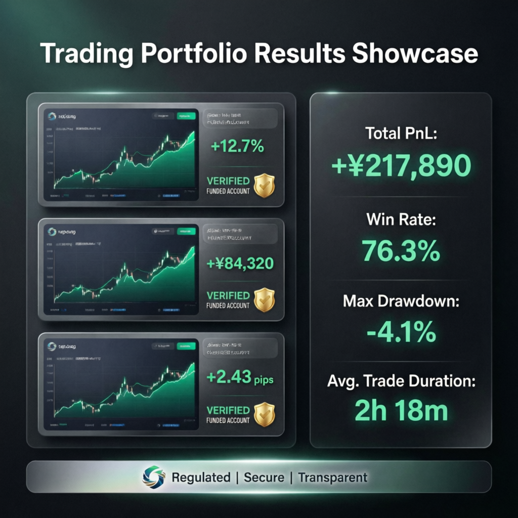 Trading portfolio results showcase with verified funded account profit screenshots and performance statistics