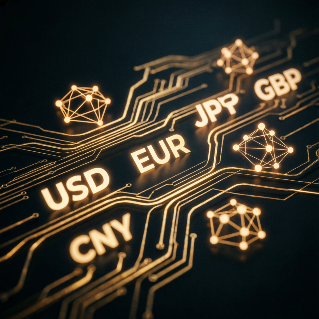 Abstract forex trading technology with currency symbols USD EUR GBP JPY on circuit board