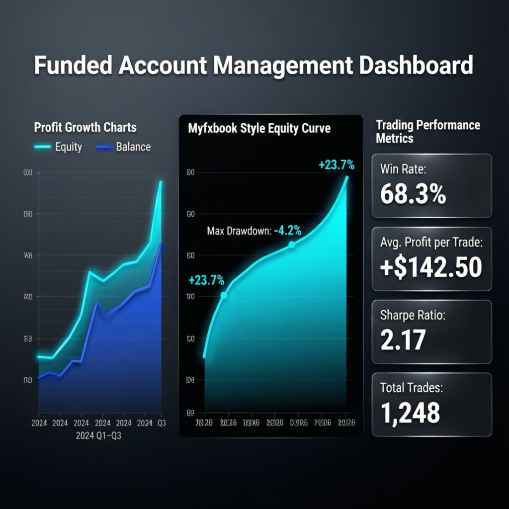 Funded Account Management Dashboard showing profit growth charts equity curve and trading performance metrics with 68.3 percent win rate
