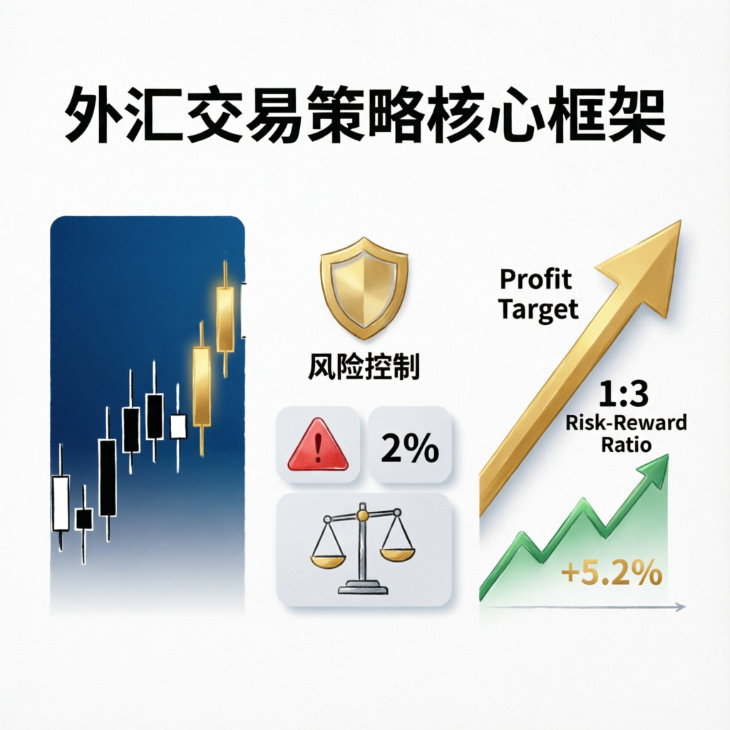 Forex trading strategy framework showing candlestick charts risk control 2 percent and profit target with 1 to 3 risk reward ratio