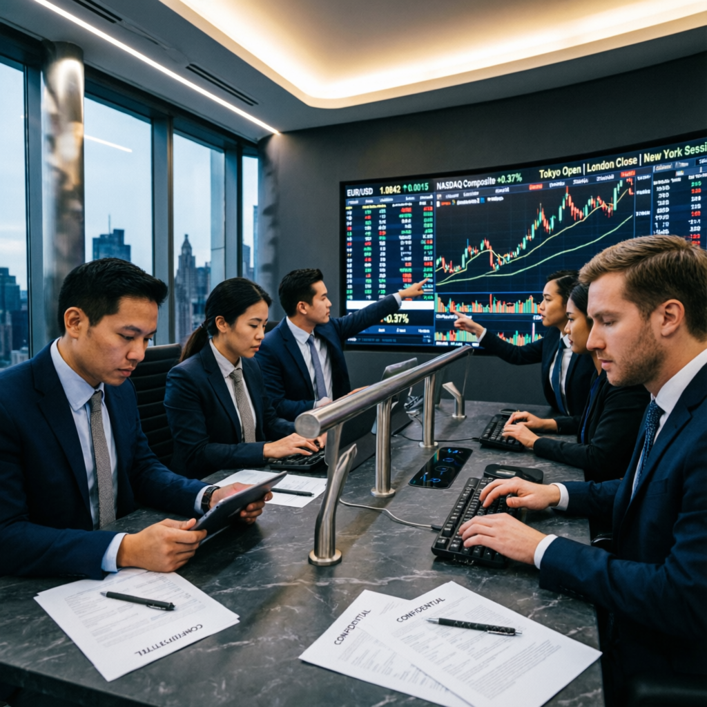 Team of professional forex traders collaborating in modern trading room with large market data screens