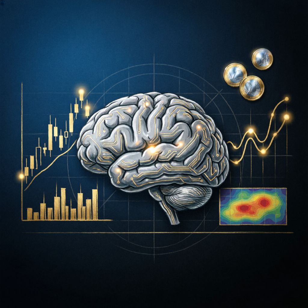 Trading psychology concept with brain illustration showing emotional control in forex trading with golden chart patterns