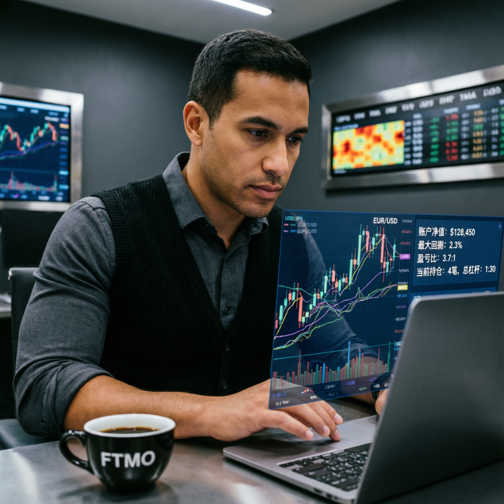 Professional forex trader analyzing charts with funded account management dashboard showing account equity and performance metrics
