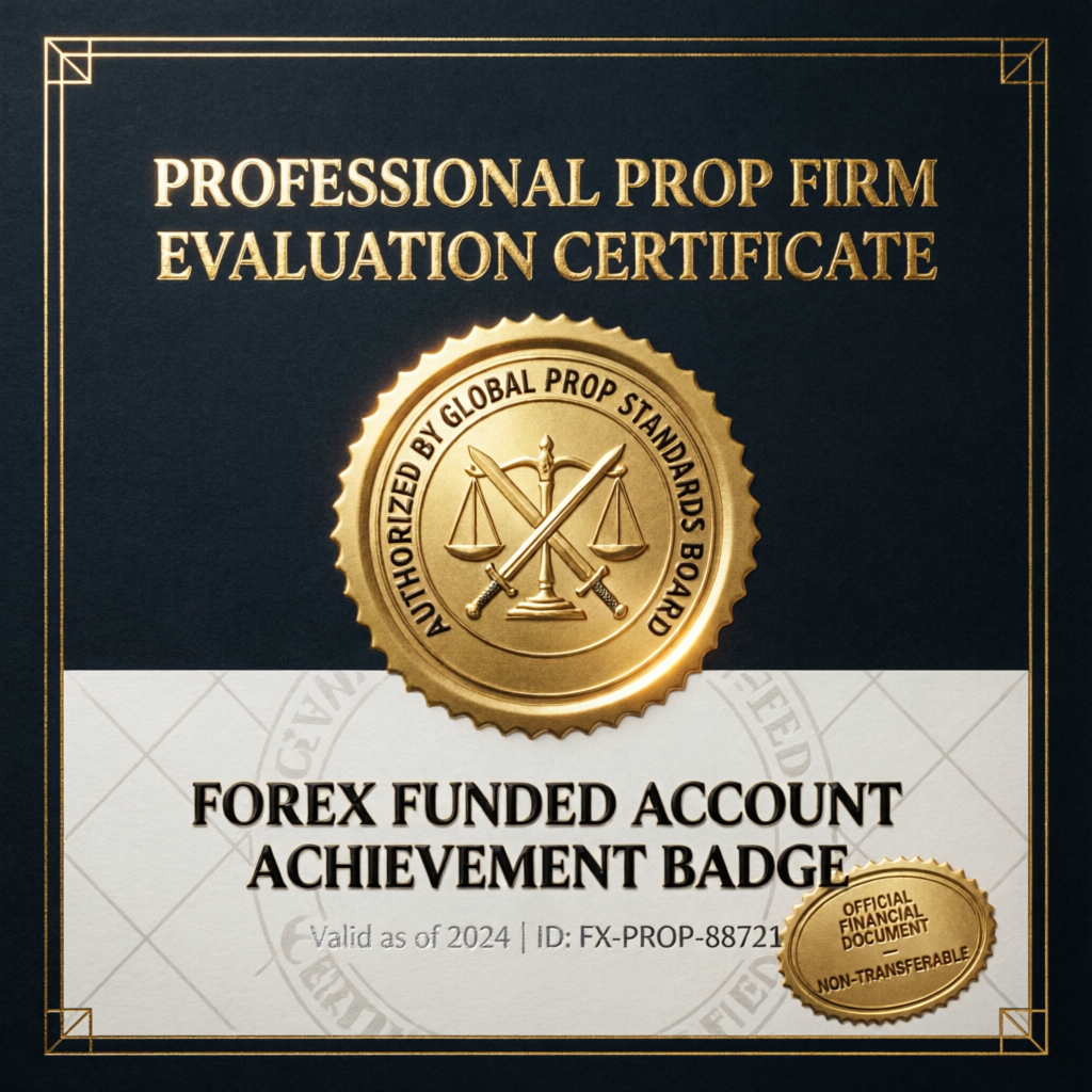 Professional prop firm evaluation certificate with golden seal for forex funded account achievement
