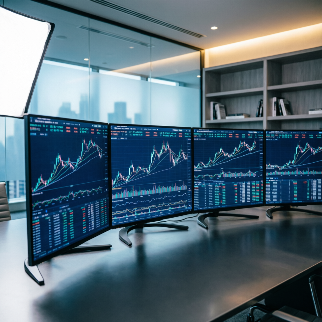 Professional forex trading setup with multiple monitors displaying live charts