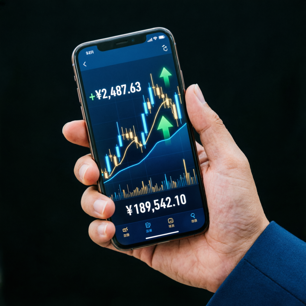 Mobile phone showing forex trading app with live charts and profit