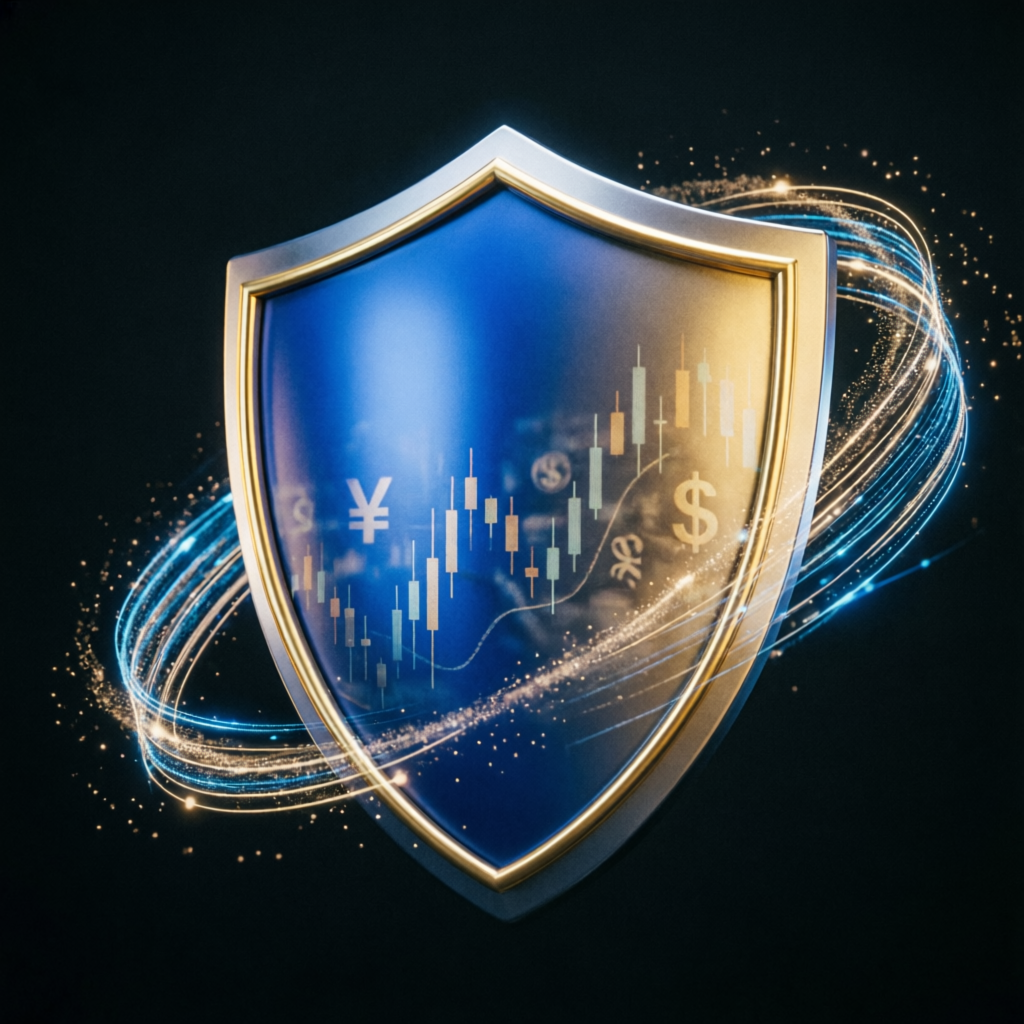 Risk management shield protecting trading capital with financial symbols
