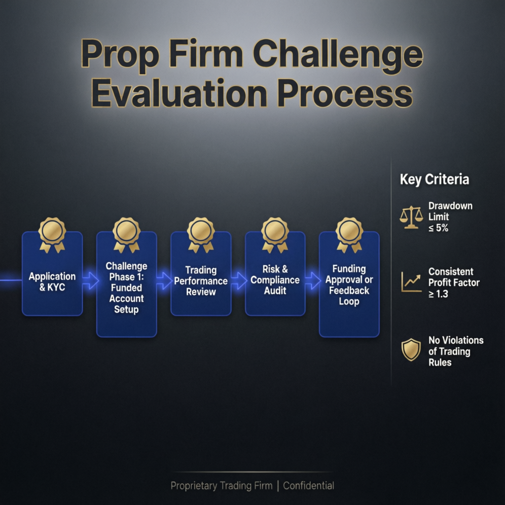 Prop Firm Challenge Evaluation Process flowchart showing key criteria