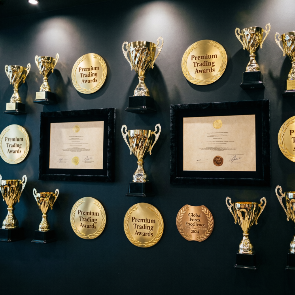 Premium trading awards and certifications displayed on dark wall