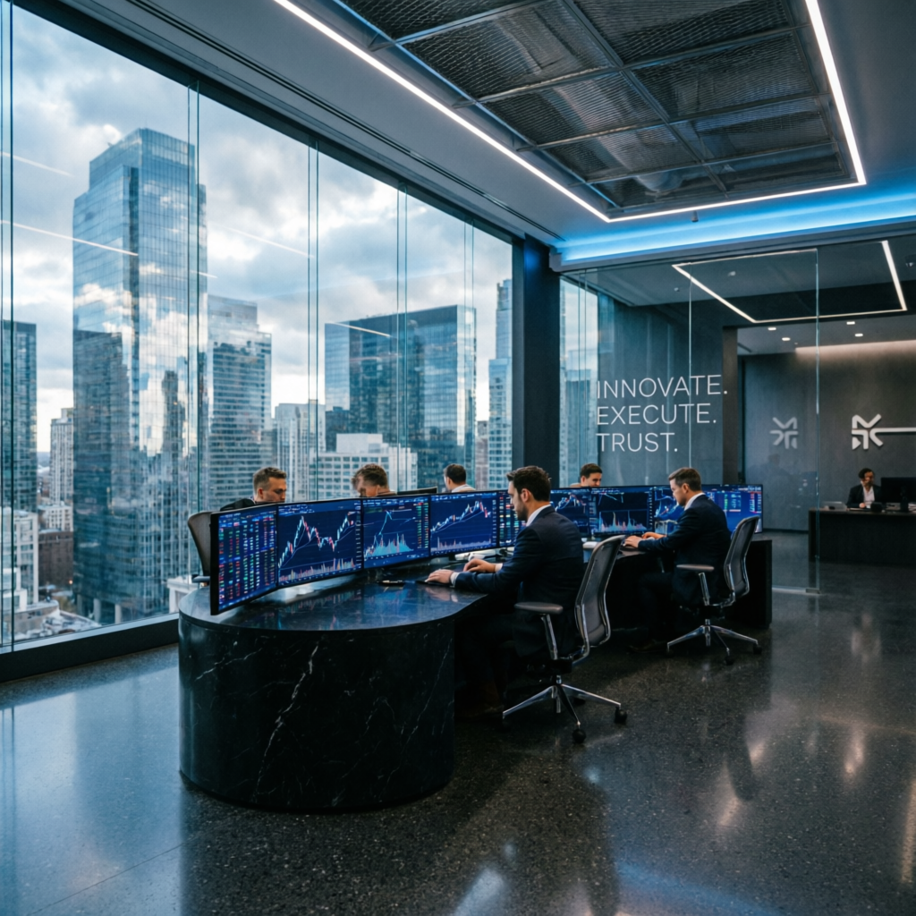 Modern fintech office with traders working on multiple screens