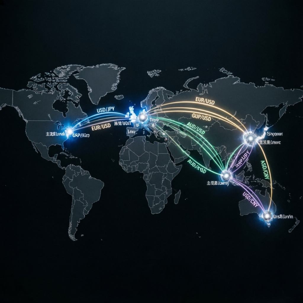 Global financial markets showing forex trading connections worldwide