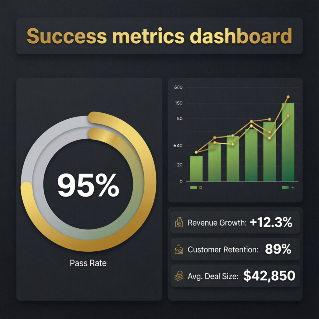 Success metrics dashboard showing 95% pass rate and performance statistics