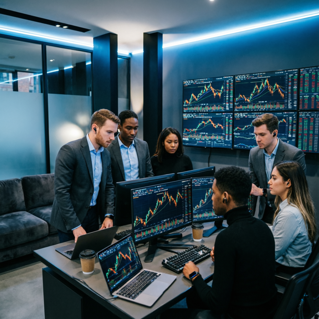 Team of professional forex traders analyzing charts in modern office