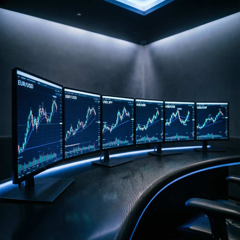 Luxury trading desk with multiple monitors showing currency pairs