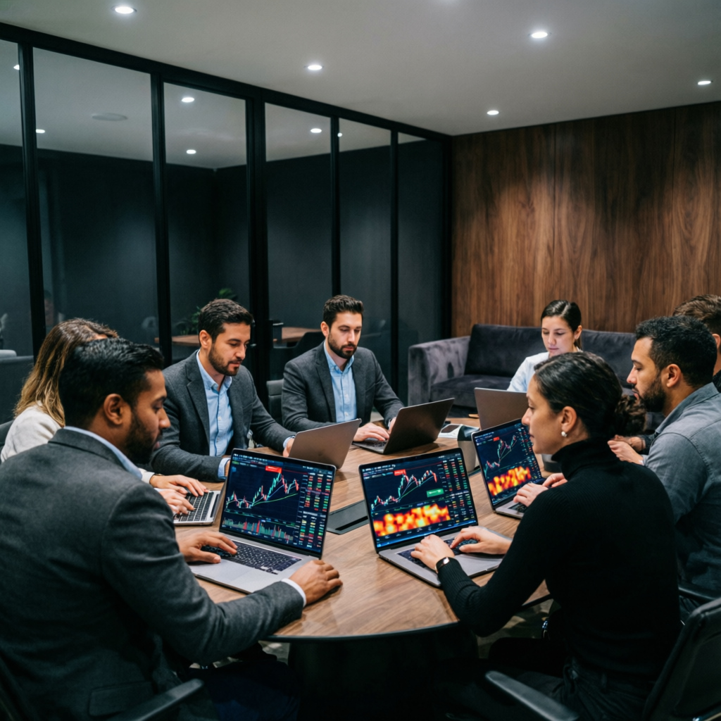 Professional team of traders collaborating on prop firm challenges