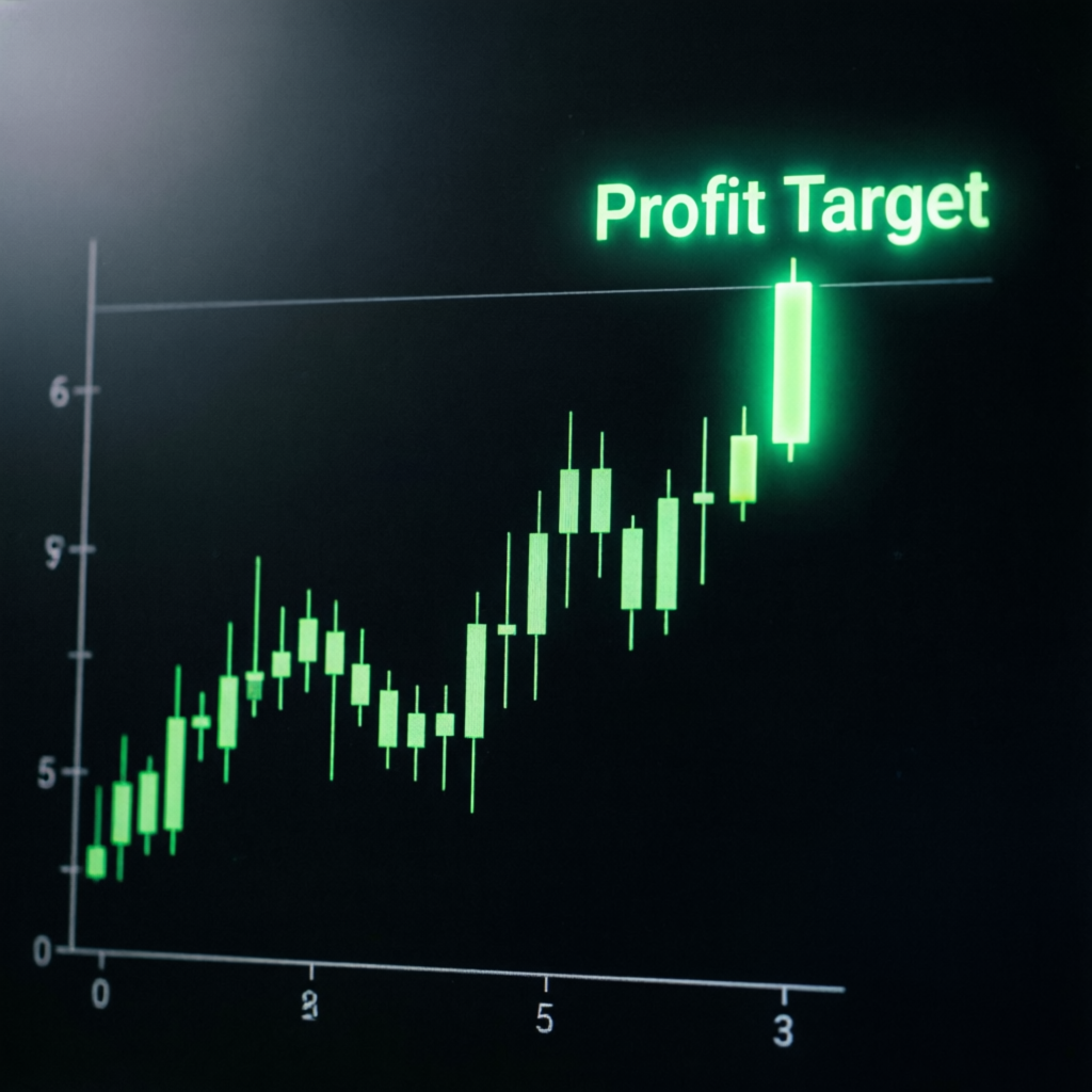 Trading chart showing profit target reached with green candles