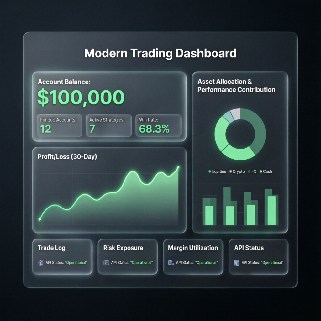 Modern trading dashboard showing funded account metrics