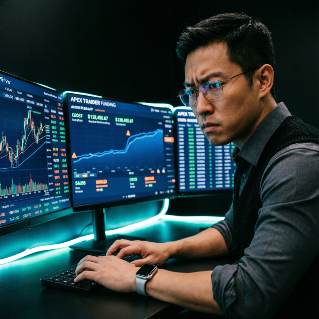 Professional trader analyzing Apex Trader Funding dashboard on multiple monitors