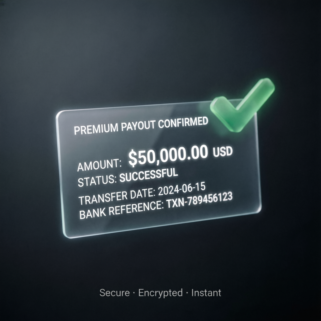 Premium payout confirmation showing successful $50,000 transfer