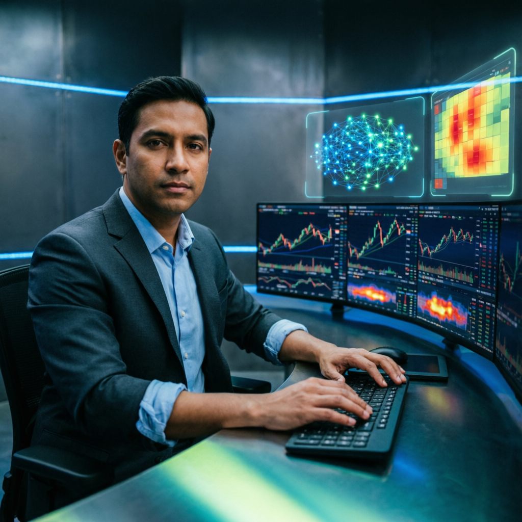 Professional forex trader using AI-powered trading system at multi-screen workstation