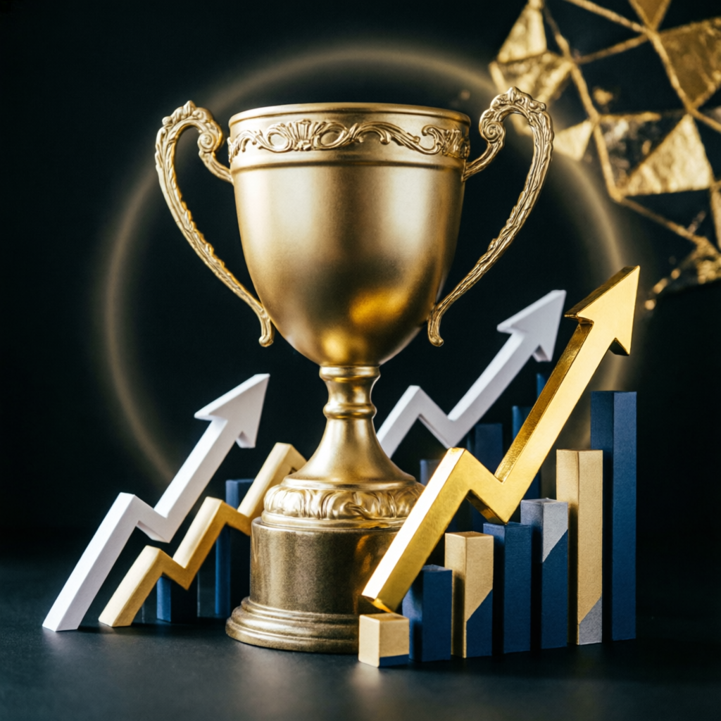 Golden trophy with profit charts representing successful funded trader achievement