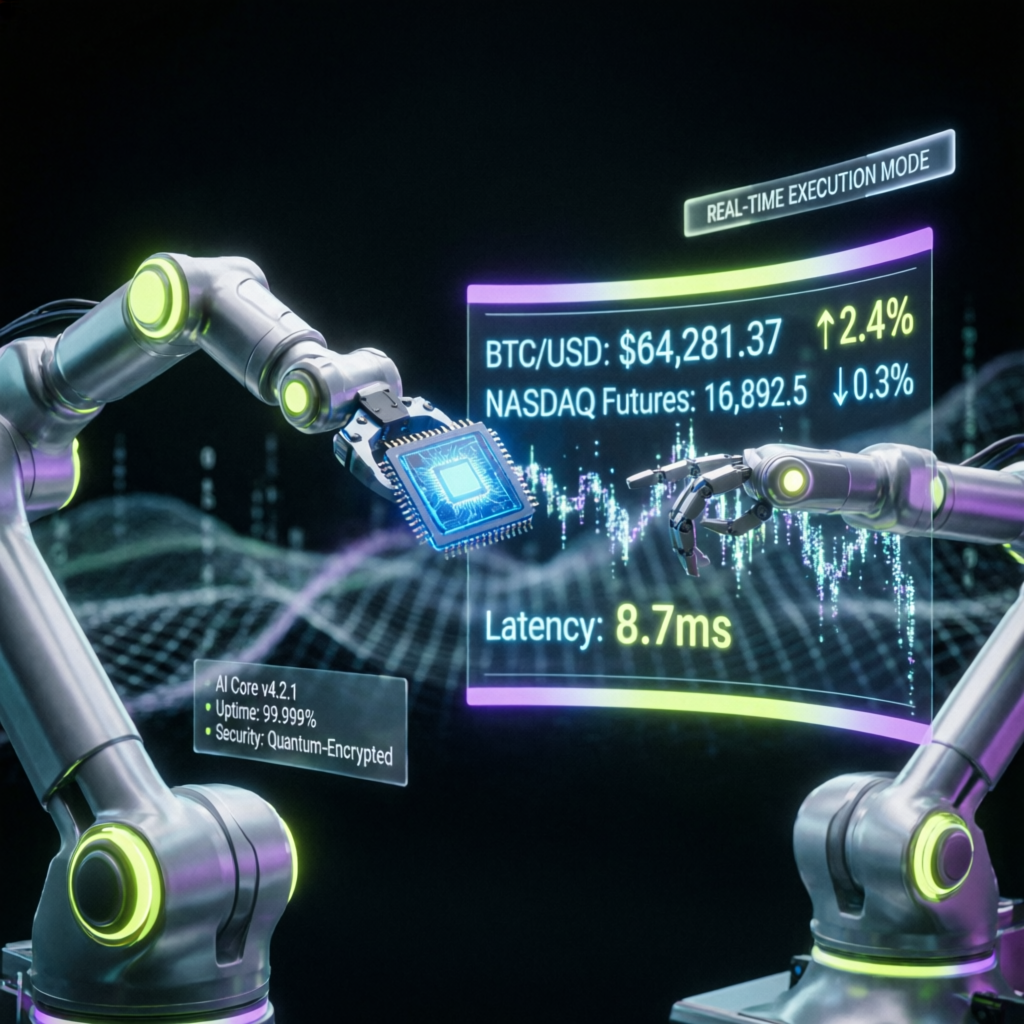 AI automated trading system with robotic arms executing trades in real-time