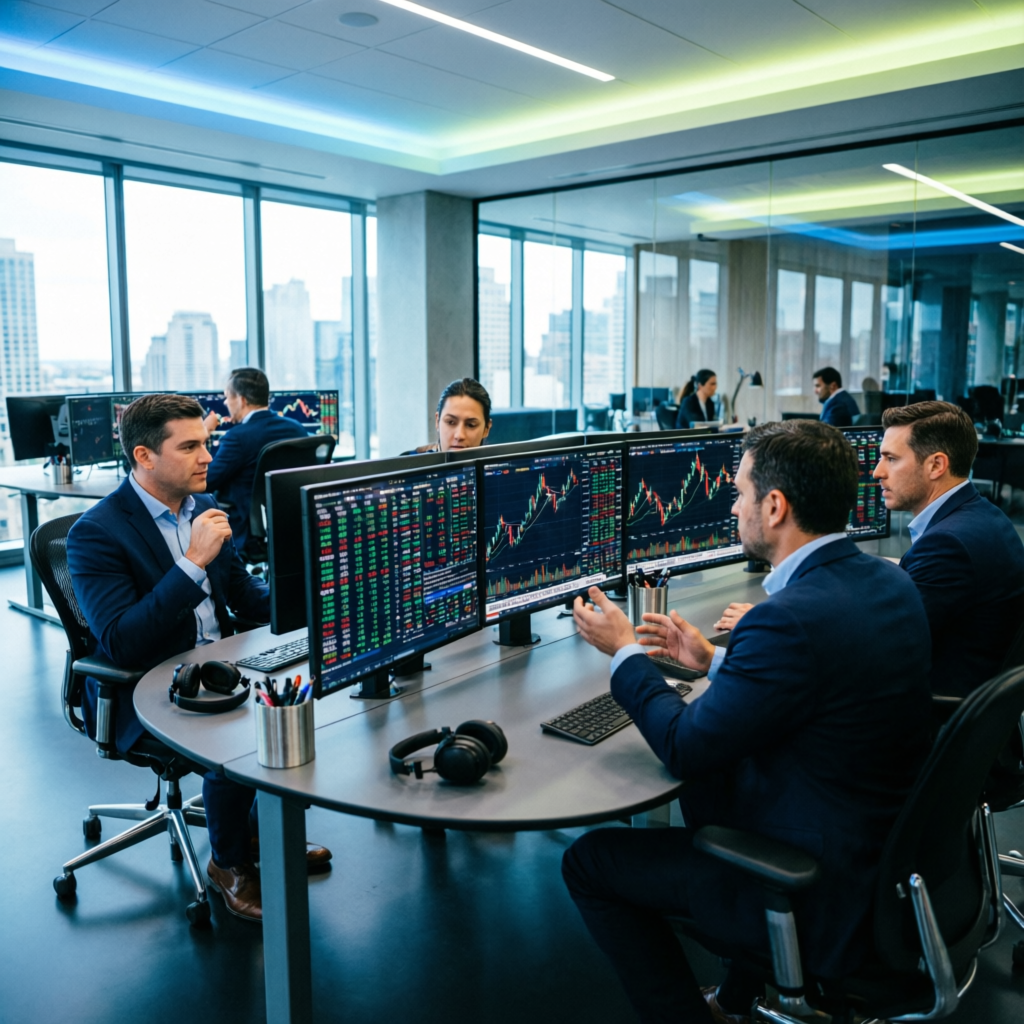 Professional trading team collaborating in modern trading room with multiple screens