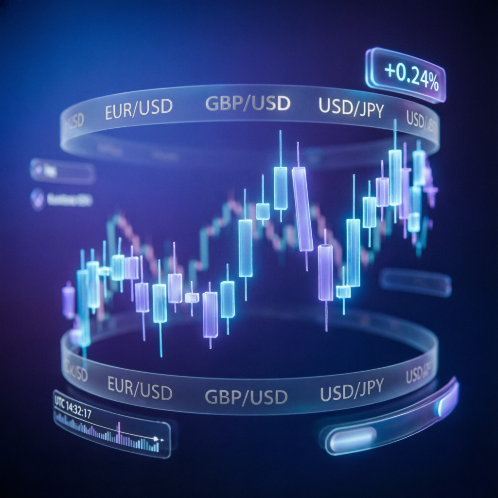 3D holographic forex candlestick chart visualization with currency pairs