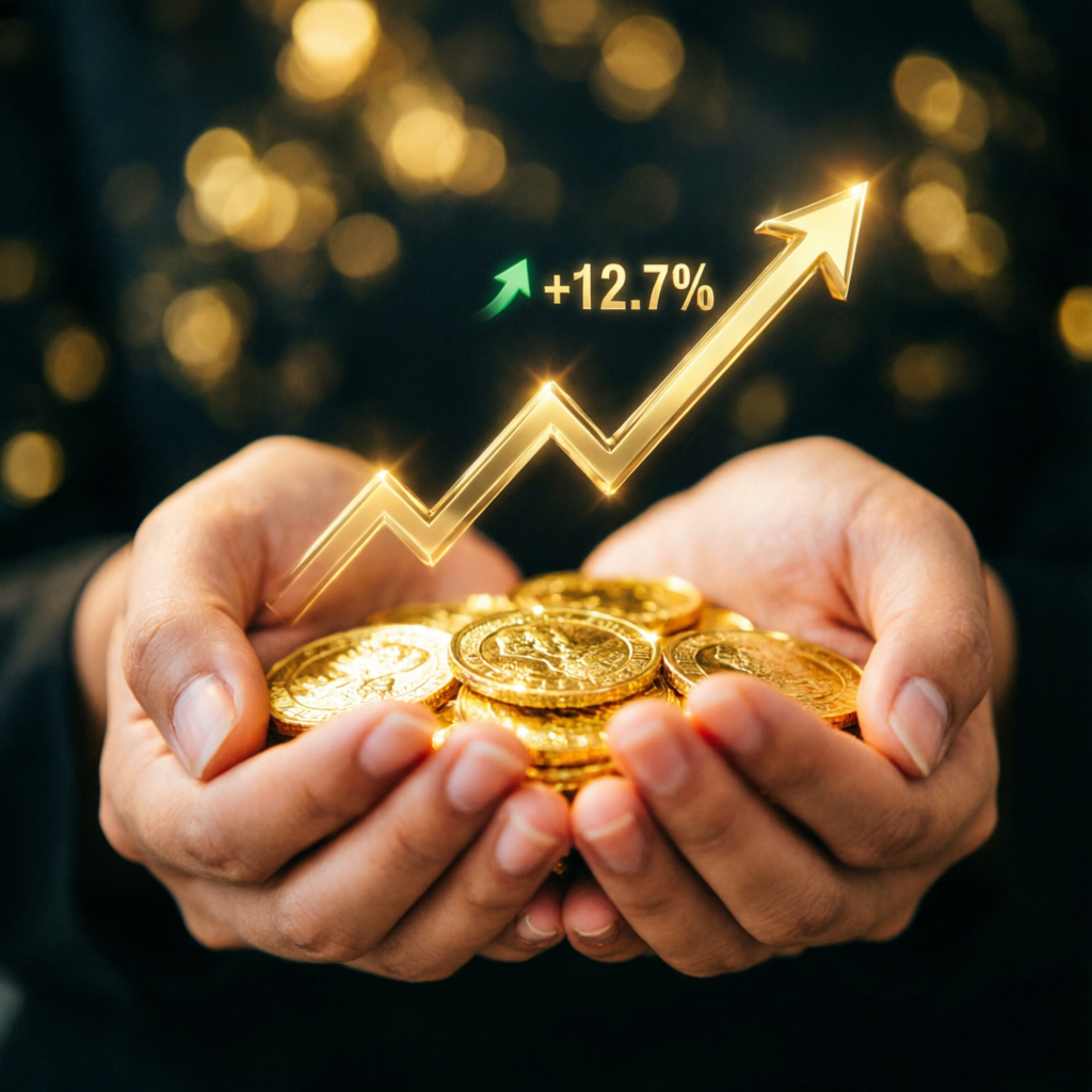 Hands holding gold coins with profit growth arrow representing trading success