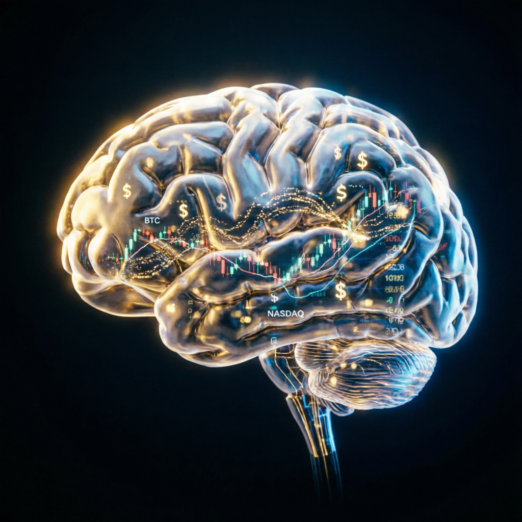 AI brain with financial data visualization representing advanced trading algorithms