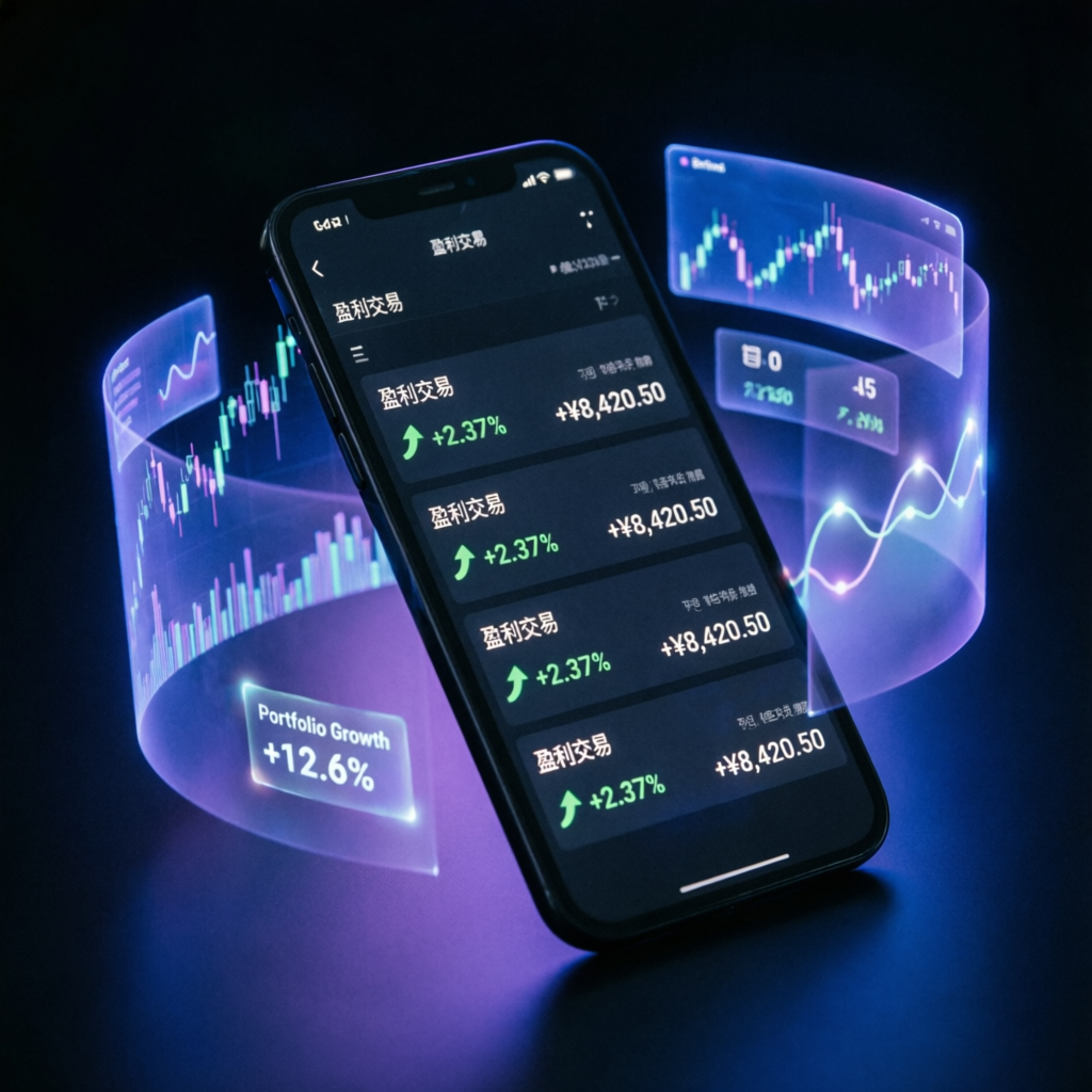 Mobile trading app showing profitable trades with holographic interface