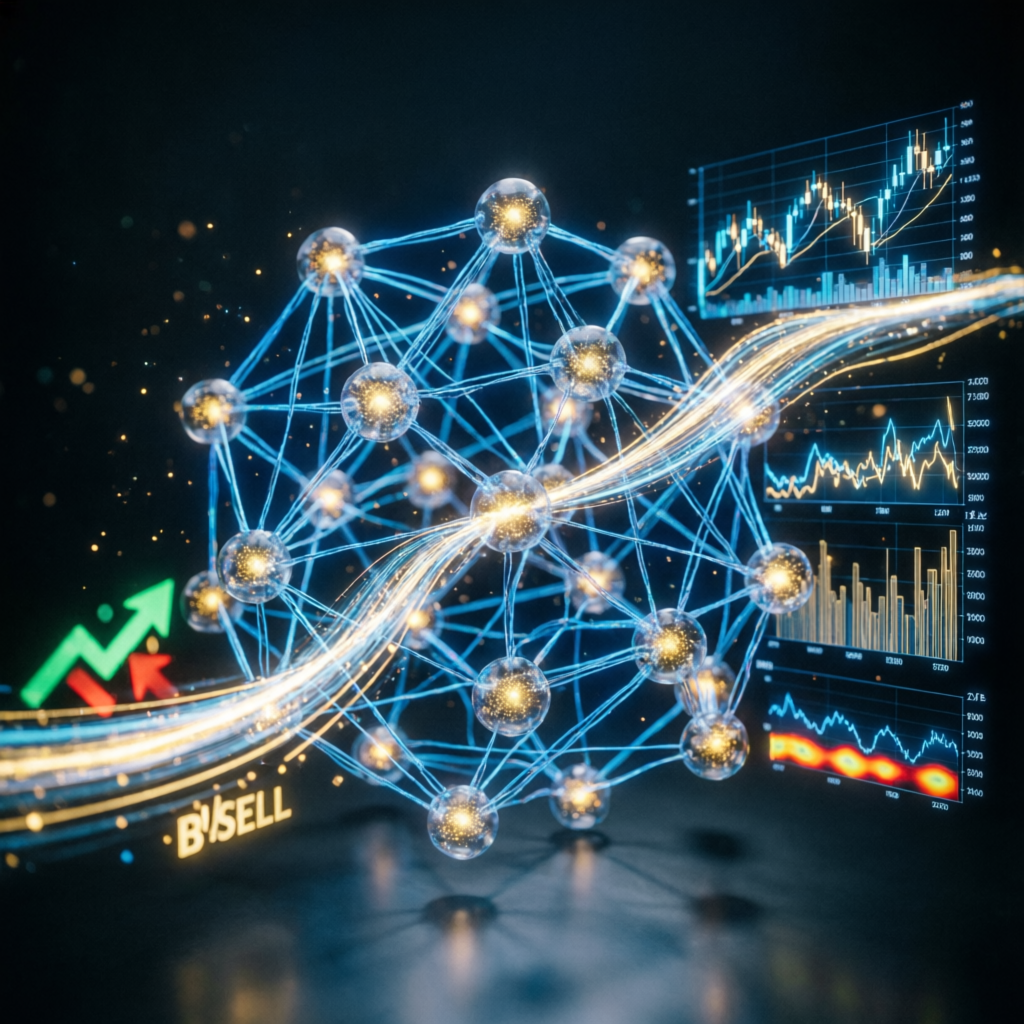 AI trading algorithm with neural network visualization