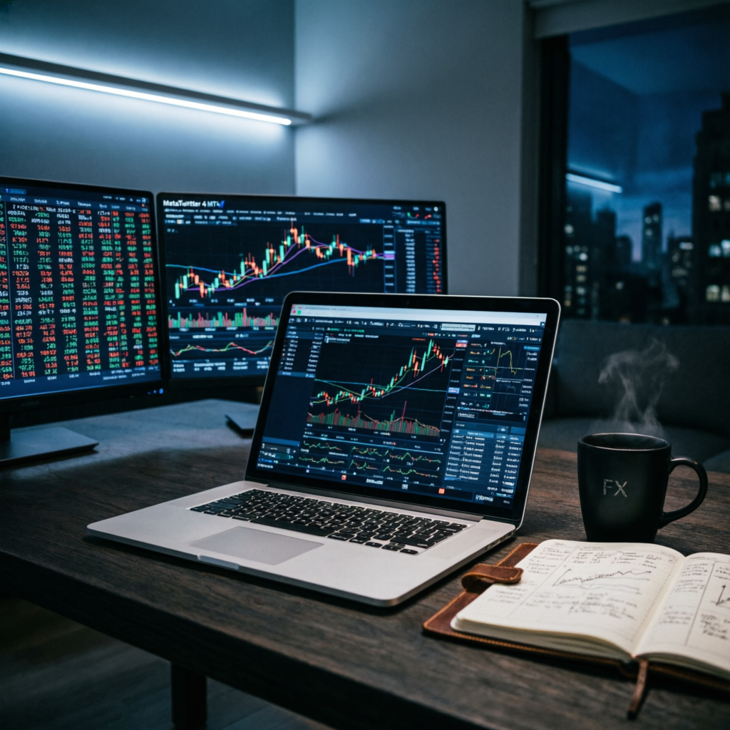 Professional forex trading workspace with MT4 platform