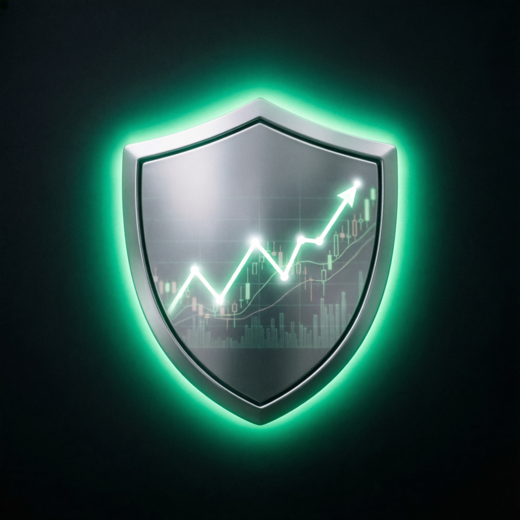 Risk management shield protecting trading charts