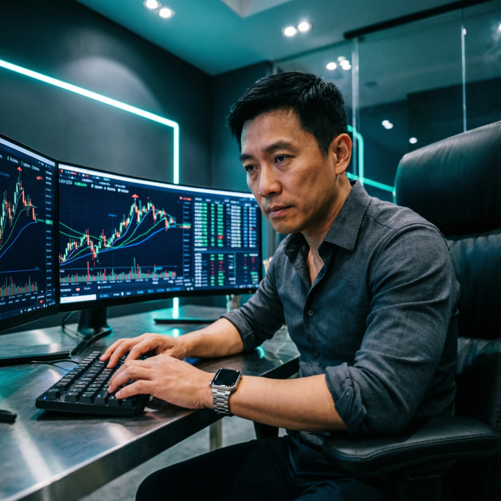 Professional forex trader analyzing Topstep futures trading charts on multiple monitors