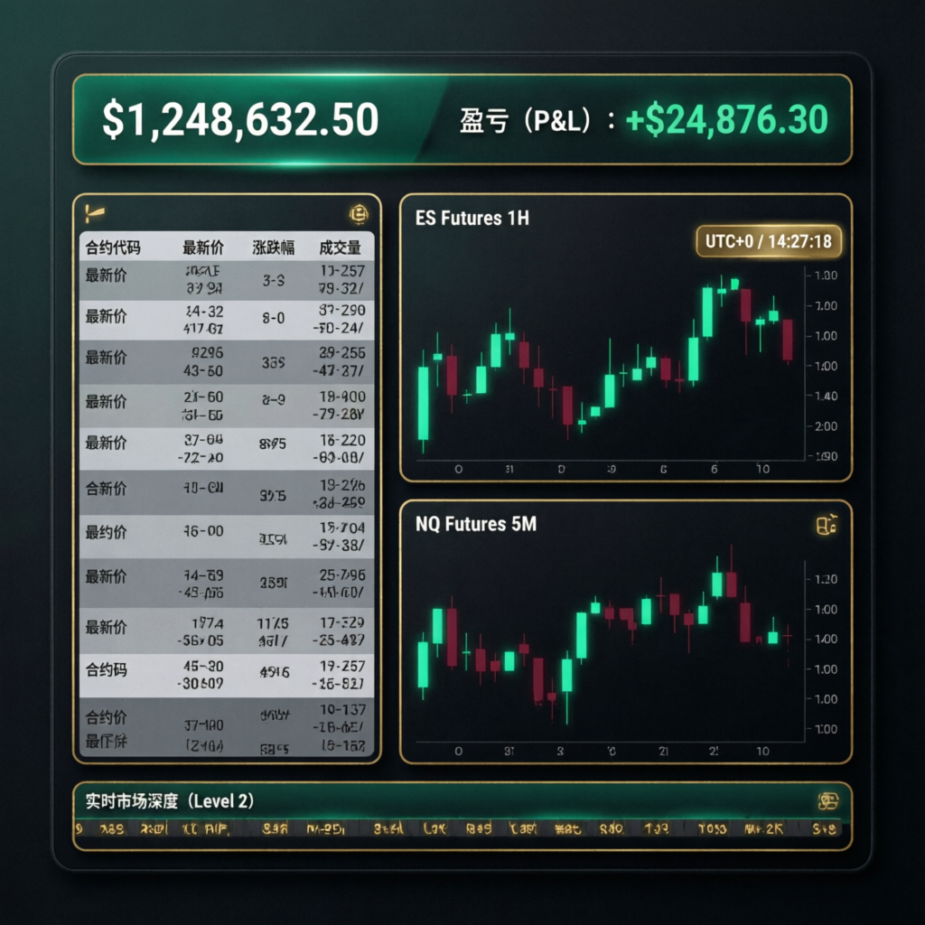 Topstep trading dashboard showing futures market data and P&L metrics