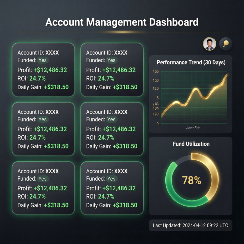 Account management dashboard showing multiple funded accounts with profit metrics