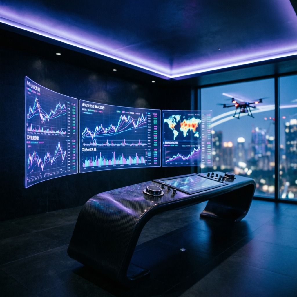 Futuristic trading command center for Apex 300K evaluation