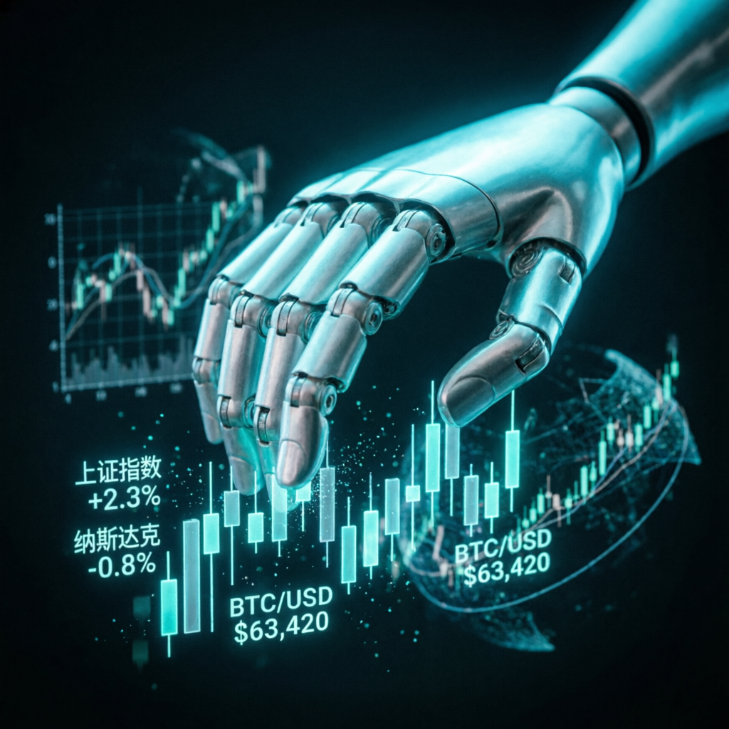 AI robot hand analyzing financial markets for prop firm passing