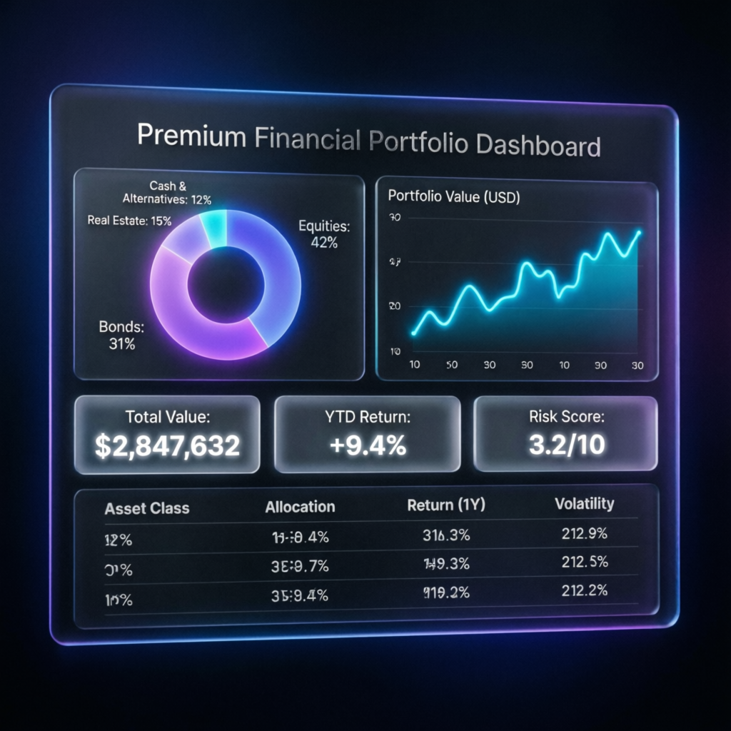 Premium financial portfolio dashboard showing Apex 300K results